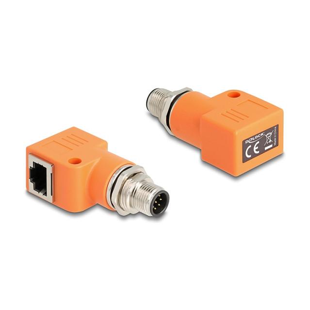 Adapter për Rrjet DeLOCK 60627, M12 A-koduar 8-pin Mashkull në RJ45 Femër, Cat.5e, 90° - Portokalli