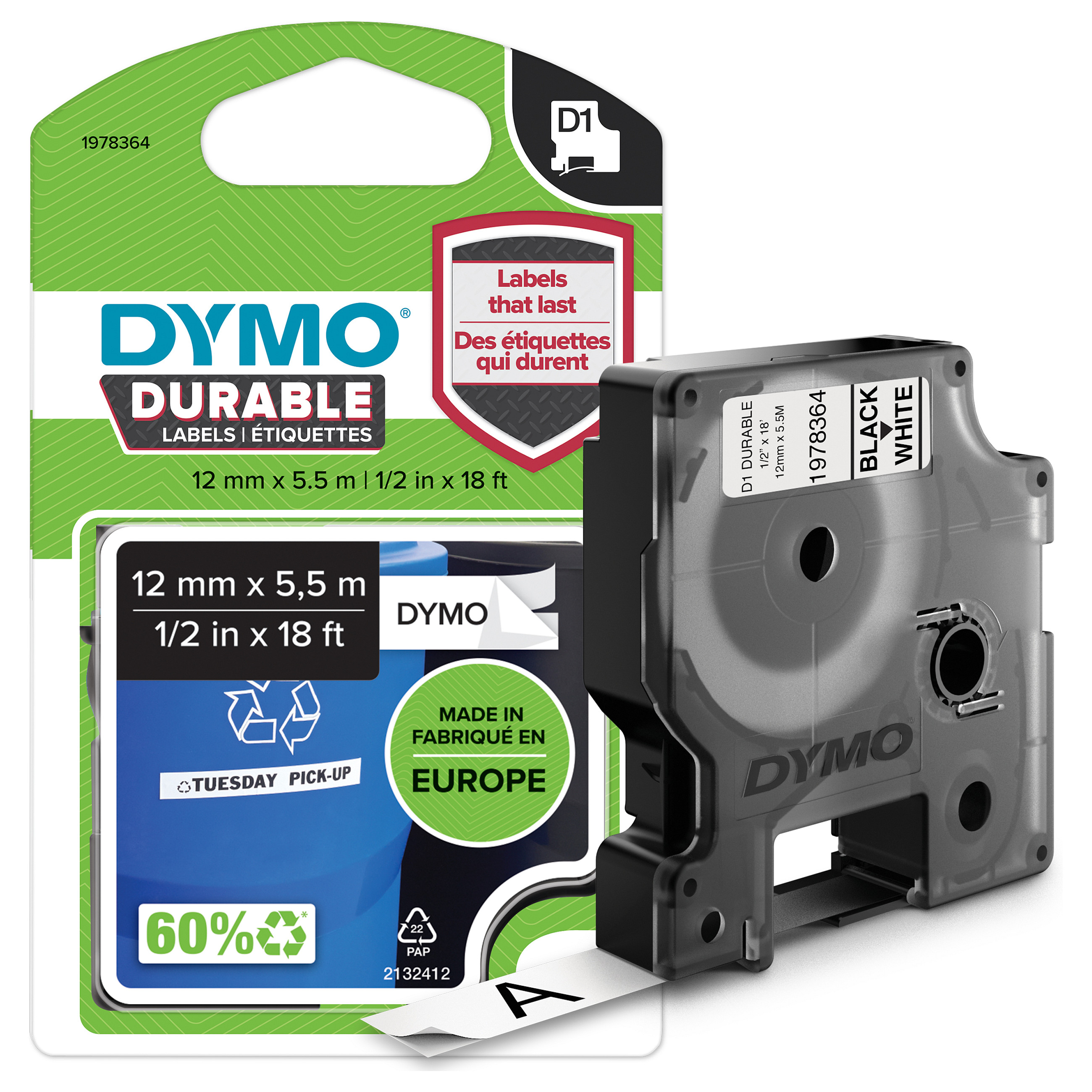 Shirit Etiketimi DYMO D1 Durable / 12 mm x 5.5 m / E zezë në të Bardhë - 2