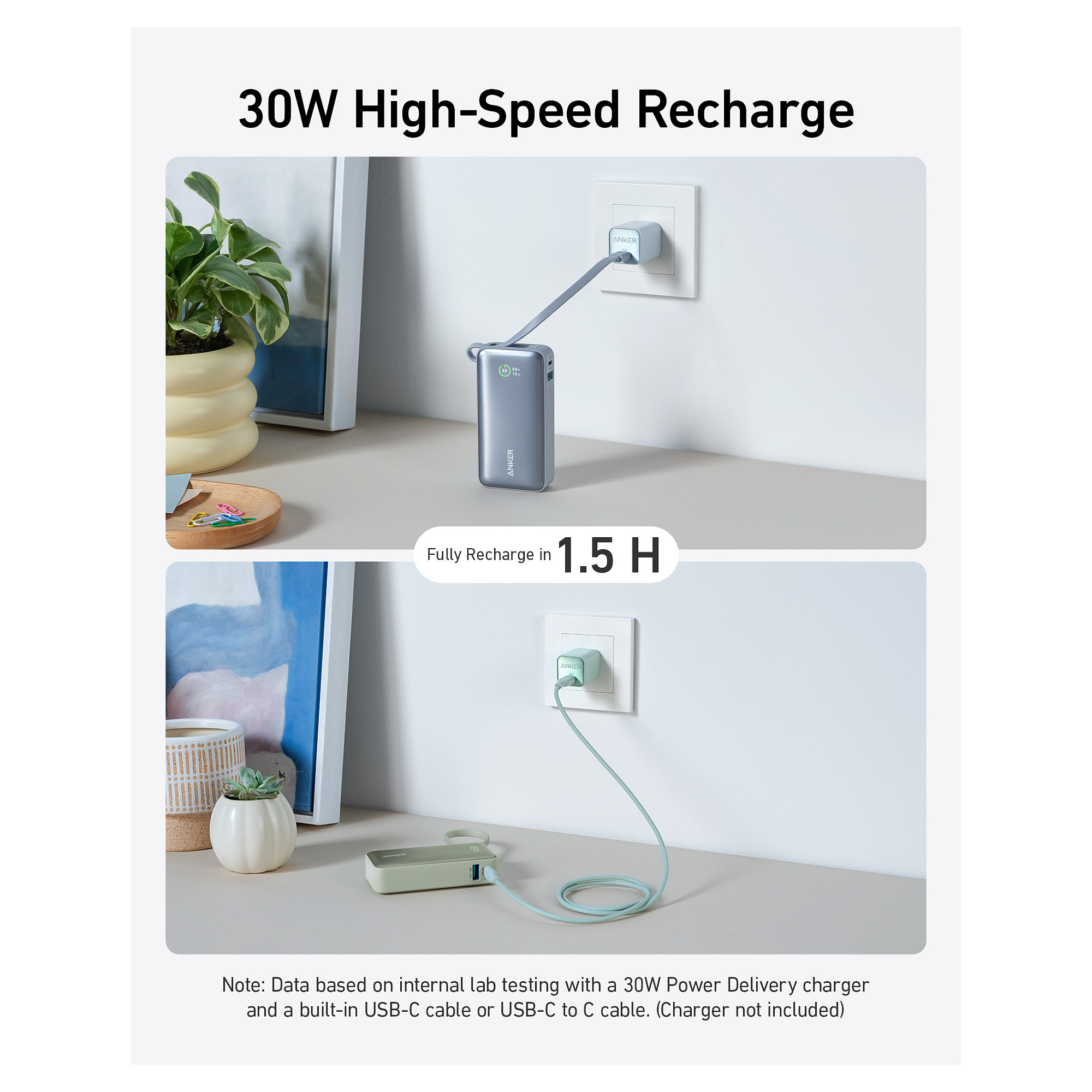 Powerbank Anker 545 Nano A1259G61 / 10000mAh / 30W / USB-C + USB-A / Kabllo USB-C e integruar – Gjelbër - 6