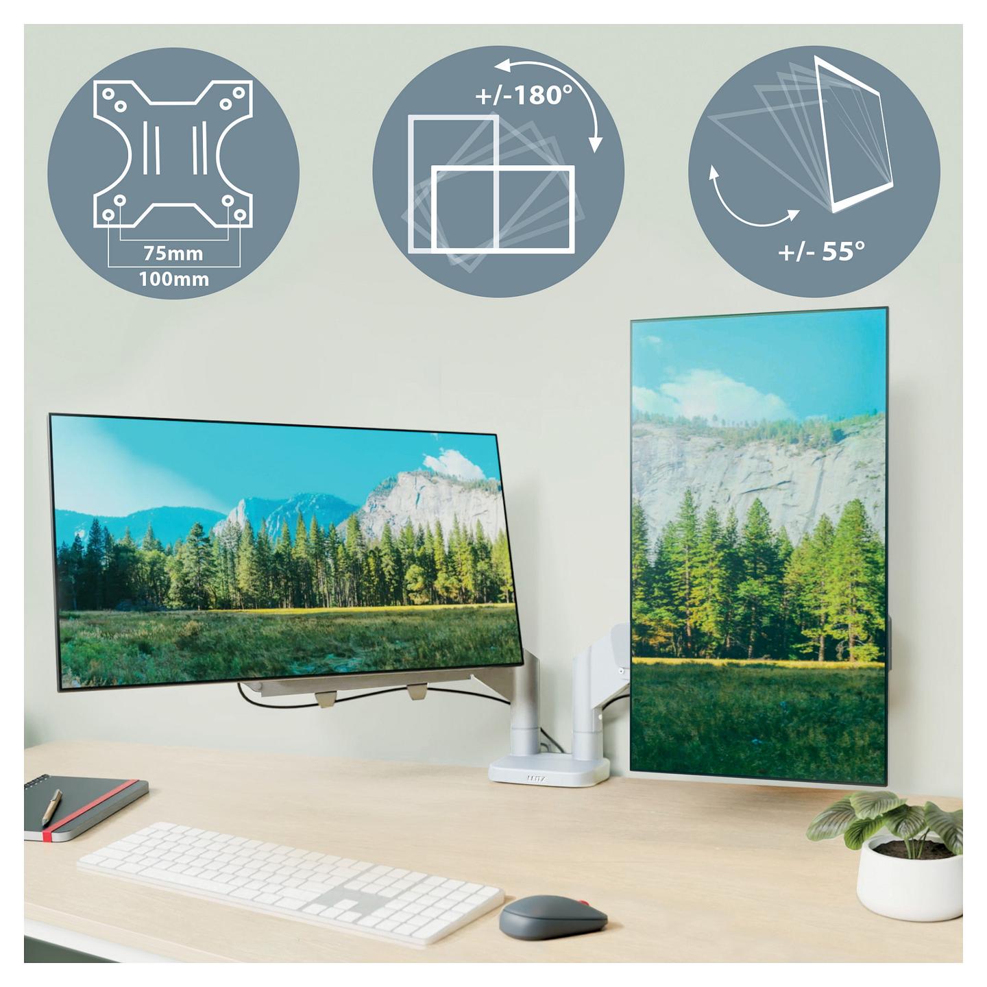 Mbajtëse për Monitor LEITZ Ergo Dual, 2 Monitorë, 17–32", 9kg për Monitor, VESA 75 × 75 / 100 × 100mm, 1120 × 110 × 600mm - Gri - 6