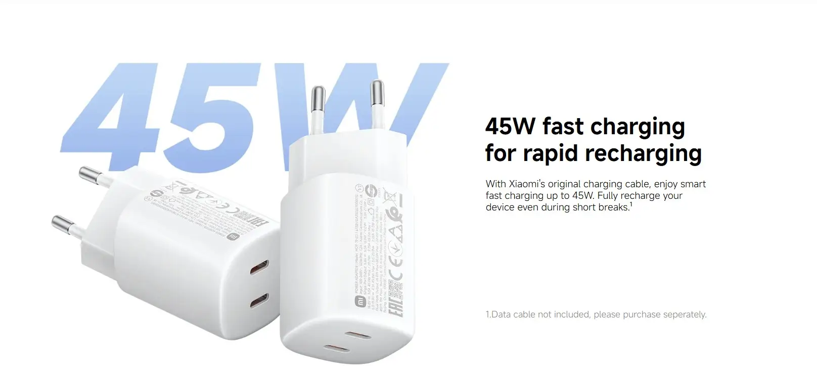 Adapter Xiaomi / USB-C 2-Port / 45W / Nano Turbo Charging / PD-PPS - Bardhë - 2