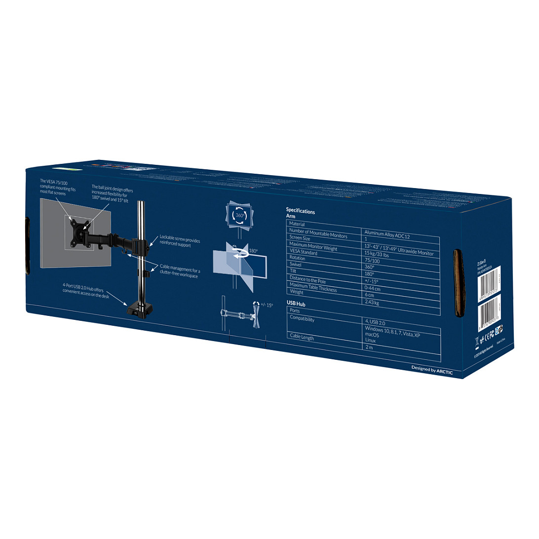 Mbajtëse për Monitor ARCTIC Z1 (Gen 3) / 1 Monitor / deri 34" / 15kg / VESA 75x75-100x100 / USB Hub / Tavolinë - Zezë - 13