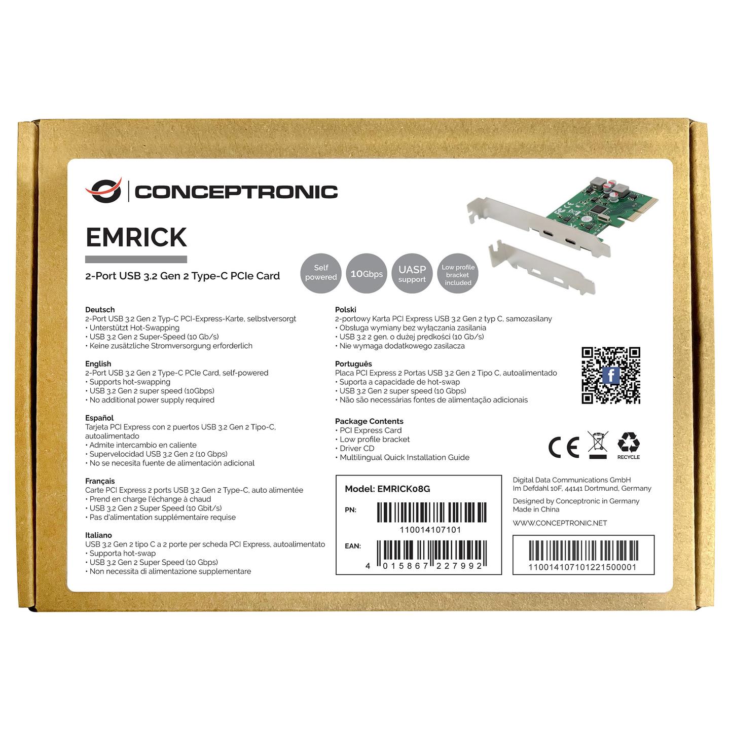 Kartë Zgjerimi Conceptronic EMRICK08G, PCI Express 3.0 x4, 2x USB-C 3.2 Gen 2, 10Gbps, ASM1142, Low Profile - Gjelbër - 2