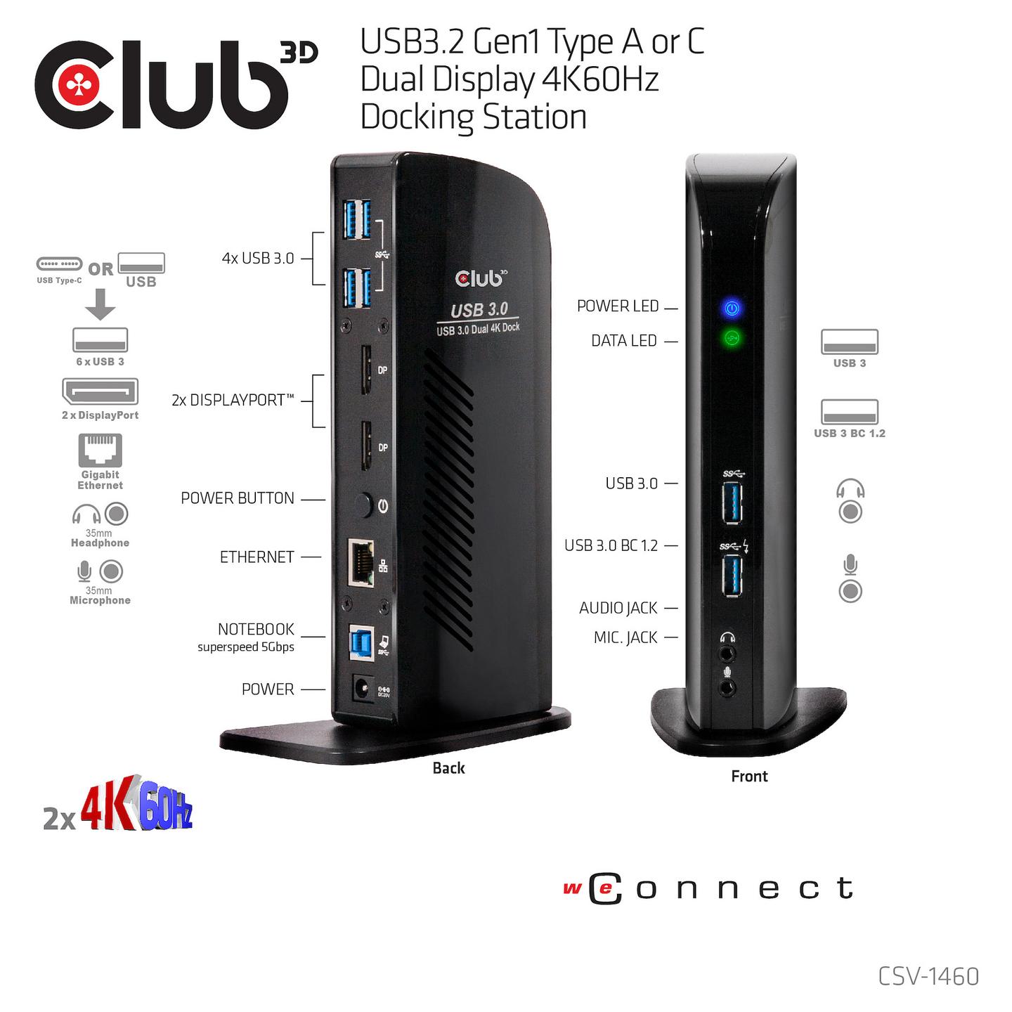 Docking Station Club 3D CSV-1460 / USB 3.2 Gen 1 / 2x DisplayPort / 6x USB-A / Gigabit Ethernet / Audio - Zezë - 10