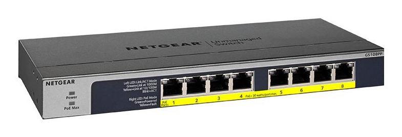 Switch Netgear GS108PP / GS108PP-100EUS / 8x Gigabit PoE+ / 123W / 802.3af/at / Unmanaged – Gri