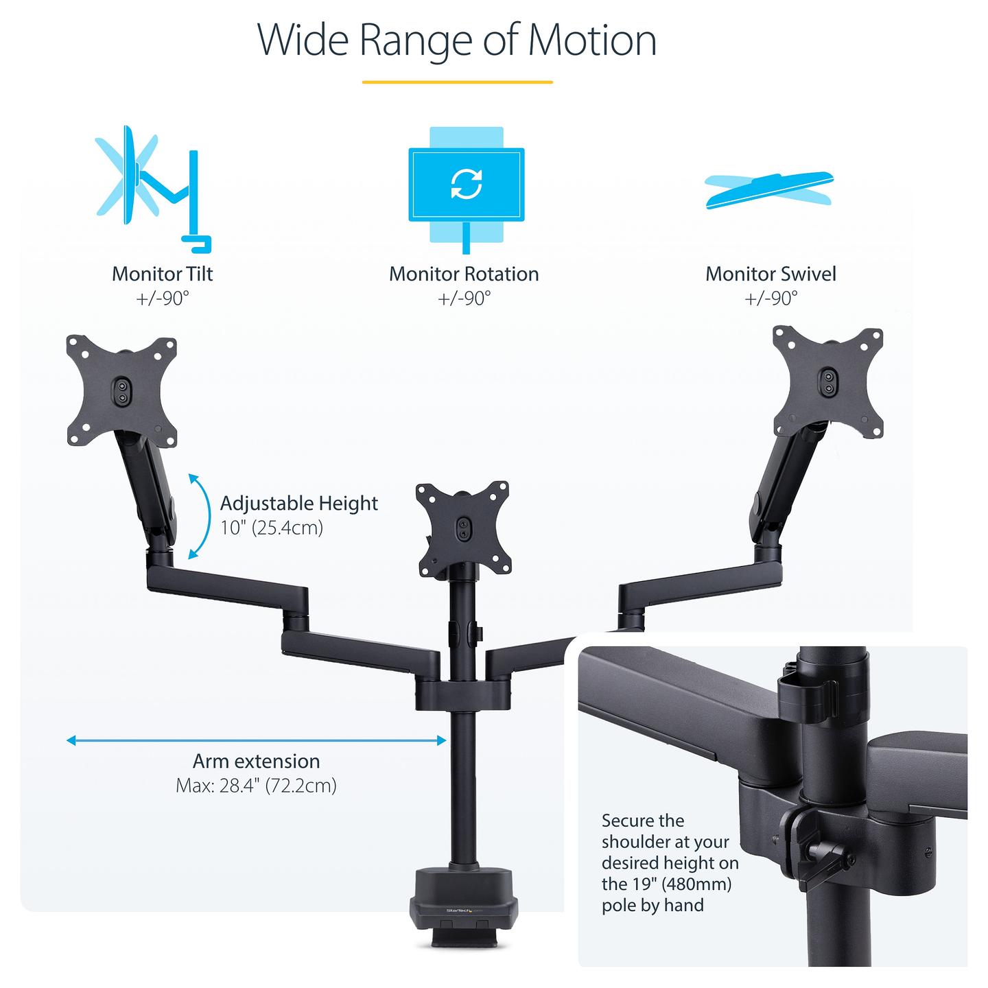 Mbajtëse për Monitor StarTech.com 3MP2AG-MONITOR-ARM , 3 Monitorë , 27" , 7kg për monitor , VESA 75x75 & 100x100 - Zezë - 17