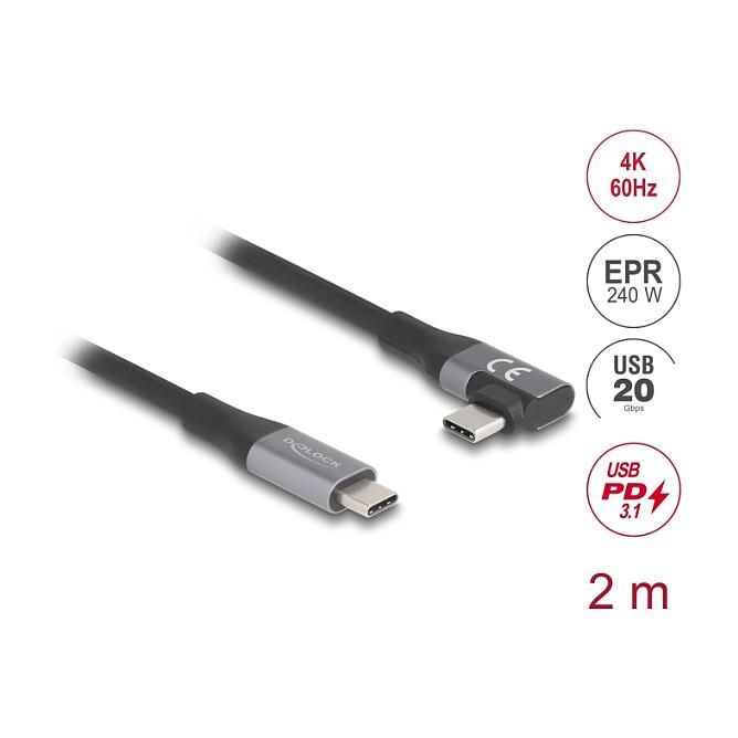 Kabllo USB DeLOCK 81132, USB-C në USB-C, 2 m, USB4 20 Gbps, USB PD 3.1, 240 W, Konektorë me Kënd të Majtë dhe të Djathtë – Zezë - 2