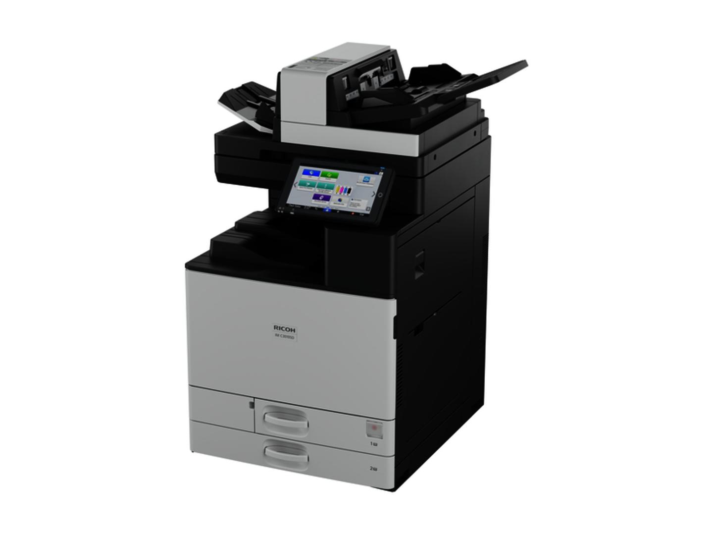 Printer Multifunksional Ricoh IM C3010SD, Laser me Ngjyra, A3, 30 ppm, 4800 × 1200 dpi, Duplex, SPDF 300-fletësh, 8 GB, SSD 256 GB, Ekran me Prekje 10.1", Ethernet, Wi-Fi - Bardhë/Zezë - 2