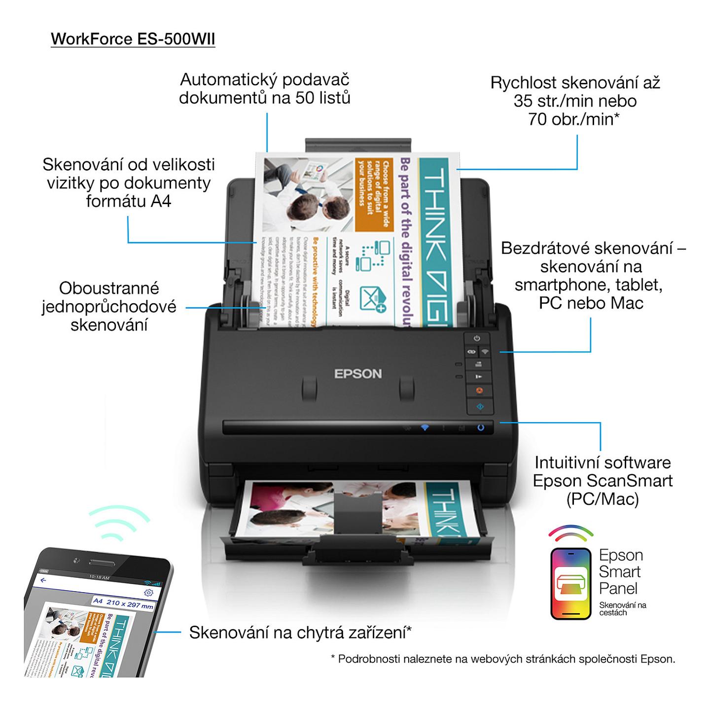 Skaner Epson WorkForce ES-500WII, A4, Duplex, 600dpi, ADF 50 Faqe, 35ppm, Wi-Fi - Zezë - 4