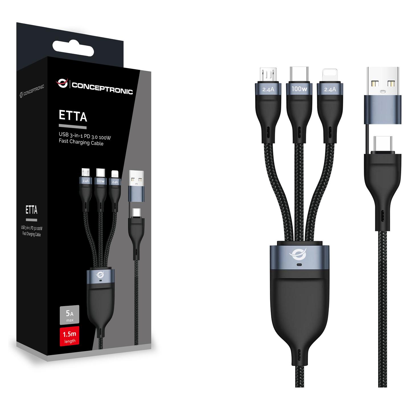 Kabllo USB Conceptronic ETTA06B15 / USB-C në USB-C + Micro-USB B + Lightning / USB 2.0 / 480 Mbit/s / PD 3.0 100W / E-Mark / 1.5m - Zezë - 2