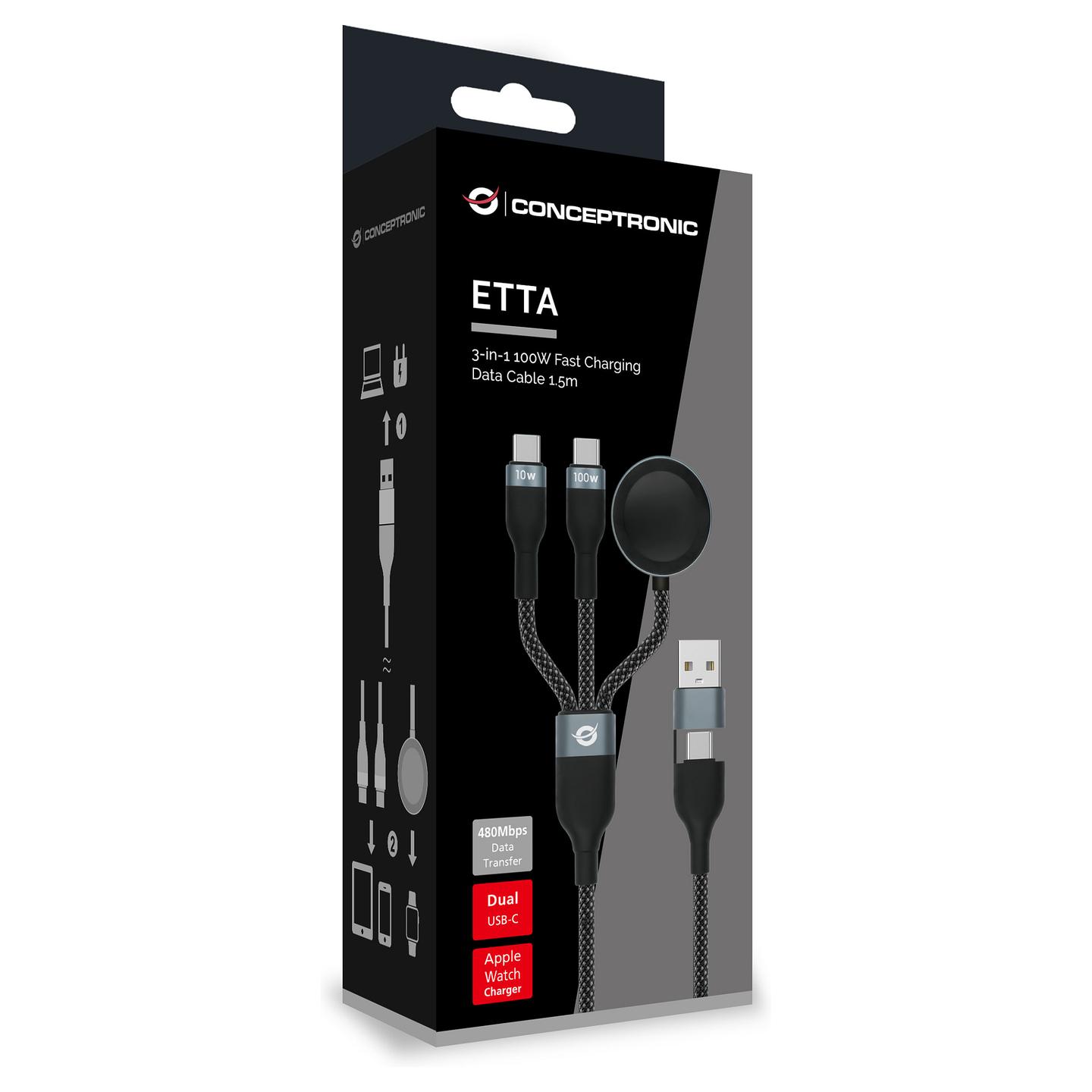 Kabllo USB Conceptronic ETTA08B15 / USB-A në 2x USB-C / USB 2.0 / 480 Mbit/s / 100W / 5A / E-Mark / Karikues për Apple Watch / 1.5m - Zezë - 3