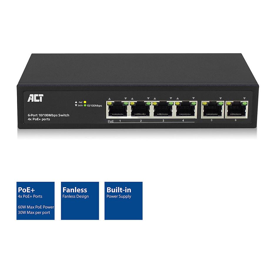 Switch ACT AC4430, 6x Fast Ethernet RJ45, 4x PoE+, PoE 60W, Layer 2 - Zezë