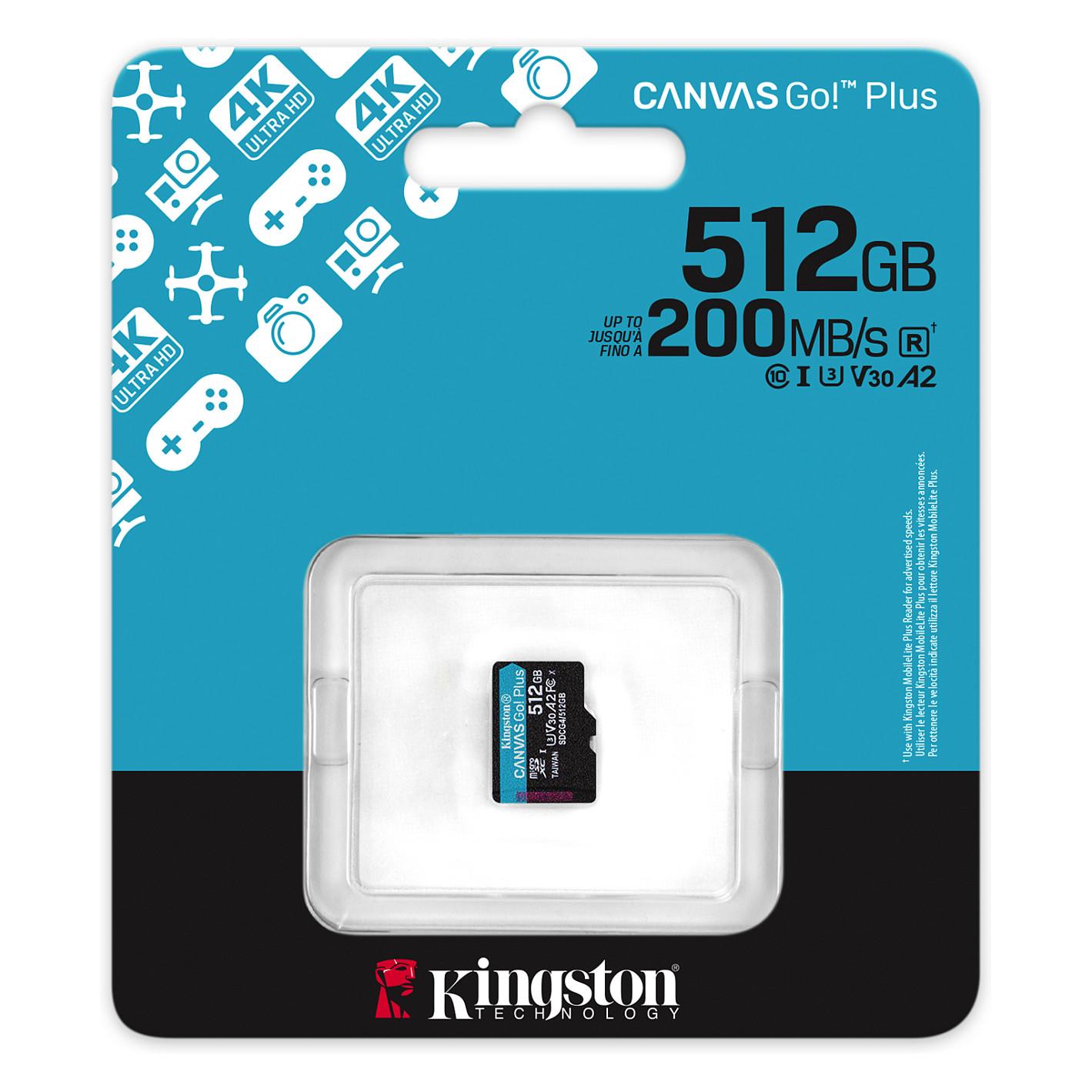 Kartë Memorie SD Kingston Canvas Go! Plus, 512GB, microSDXC, UHS-I, U3, V30, A2, 200MB/s Lexim, 160MB/s Shkrim - Zezë - 3