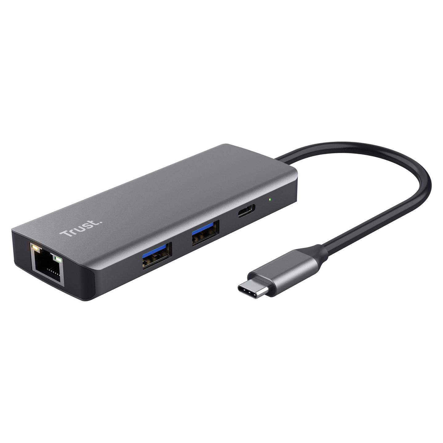 Hub USB-C Trust Dalyx 24968, 6-në-1, HDMI 4K, Gigabit Ethernet, 2x USB-C, 2x USB-A, Power Delivery 100 W - Argjendtë