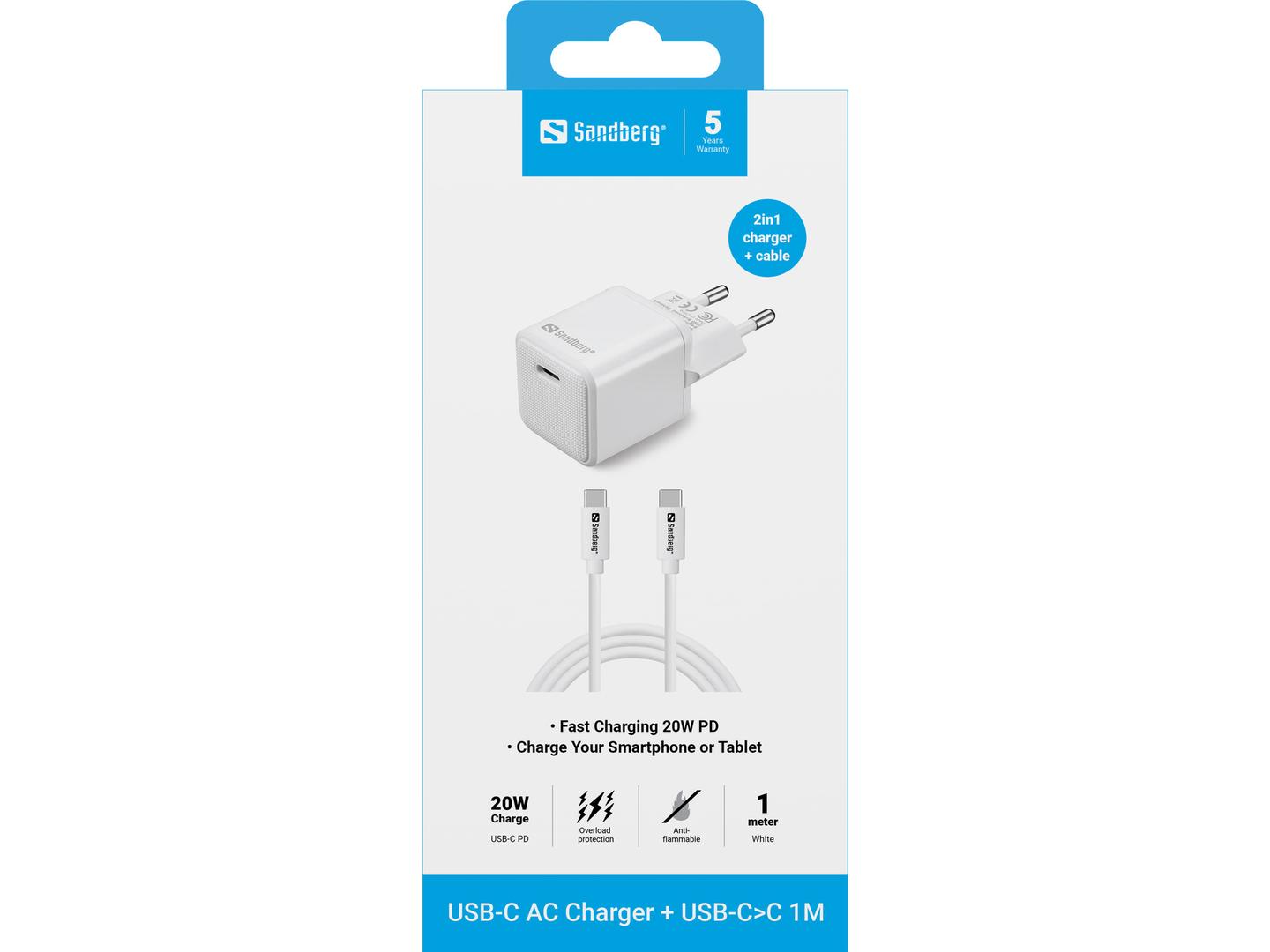 Kabllo & Adapter Sandberg / USB-C / 20W PD / 1m - Bardhë - 5