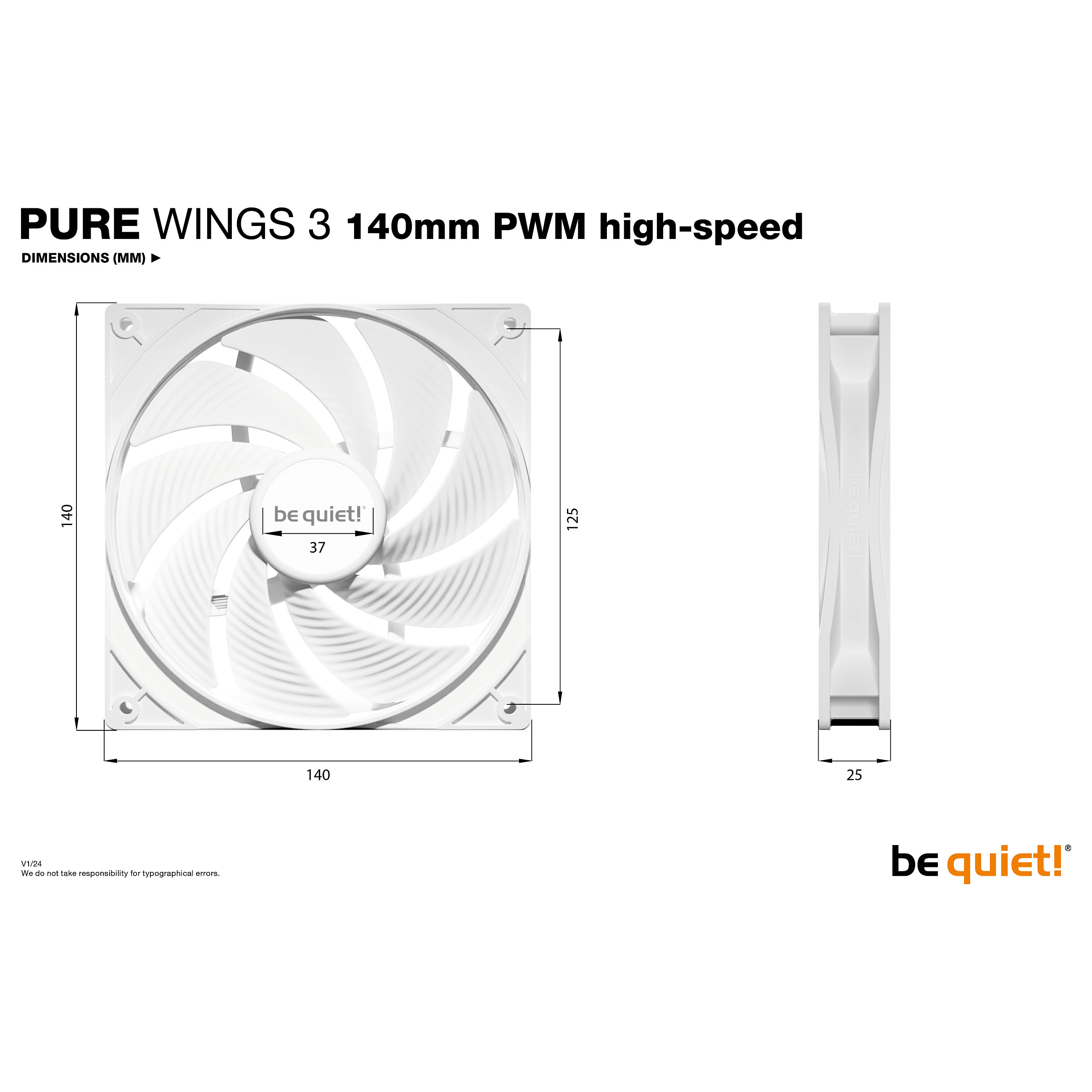 Ftohës për Kasë be quiet! Pure Wings 3 / 140mm / 25mm / 1800 RPM / PWM / 72.2 CFM / 2.44 mmH₂O – Bardhë - 5