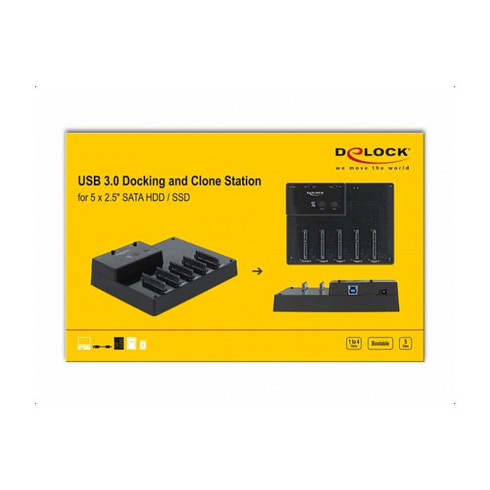Docking station DeLOCK 64098, për 5x HDD/SSD SATA 2,5", USB 5 Gbit/s, klonim 1 me 4 - Zezë - 5