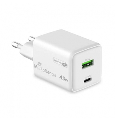 Karikues MediaRange MRMA113-2 / GaN / 45W / USB-C / USB-A / PD 3.0 / QC 3.0 - Bardhë - 3