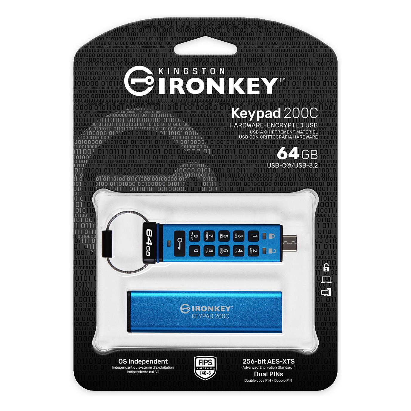 USB Flash Drive Kingston IronKey Keypad 200C, 64GB, USB 3.2 Gen 1, USB-C, AES-256, FIPS 140-3 Level 3 - Blu - 3