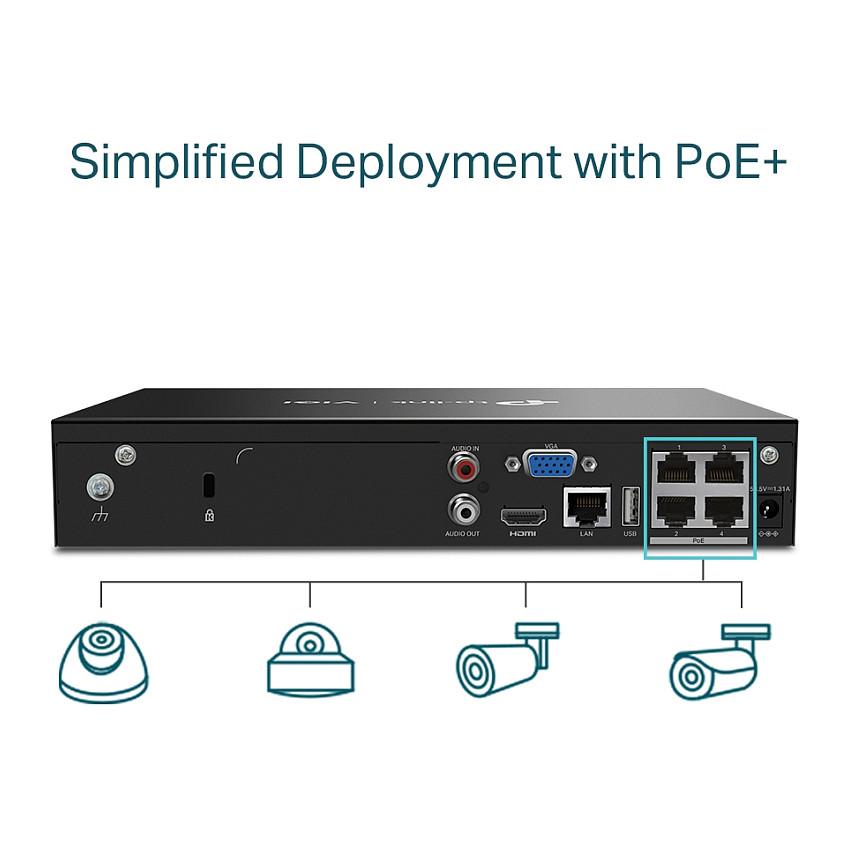 TP-Link VIGI NVR1004H-4P 4-Channel PoE+ Network Video Recorder – 4× PoE+, 53W, 4K HDMI, 1× SATA deri 10TB, H.265+, ONVIF - 6