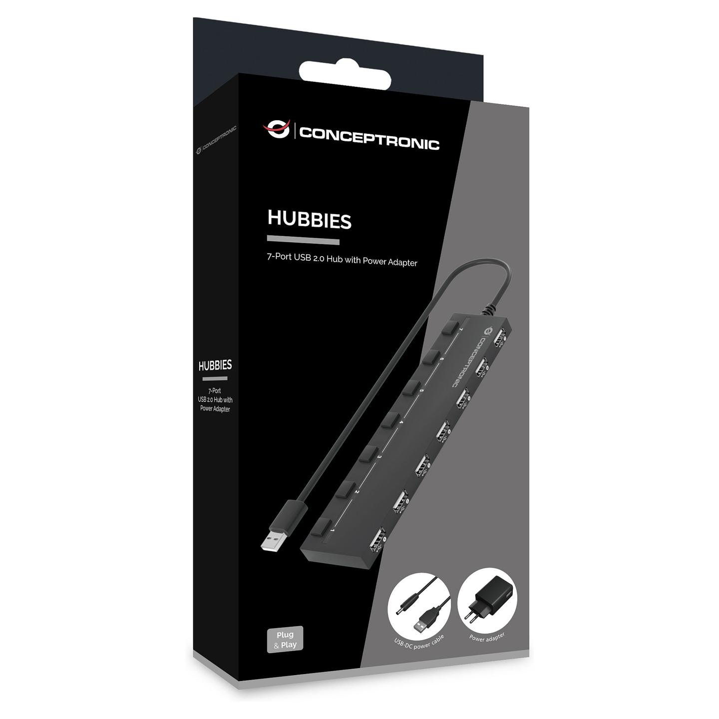 Hub USB Conceptronic HUBBIES08BP, 7x USB 2.0, 480Mbps, furnizim i jashtëm, çelësa individualë - Zezë - 3