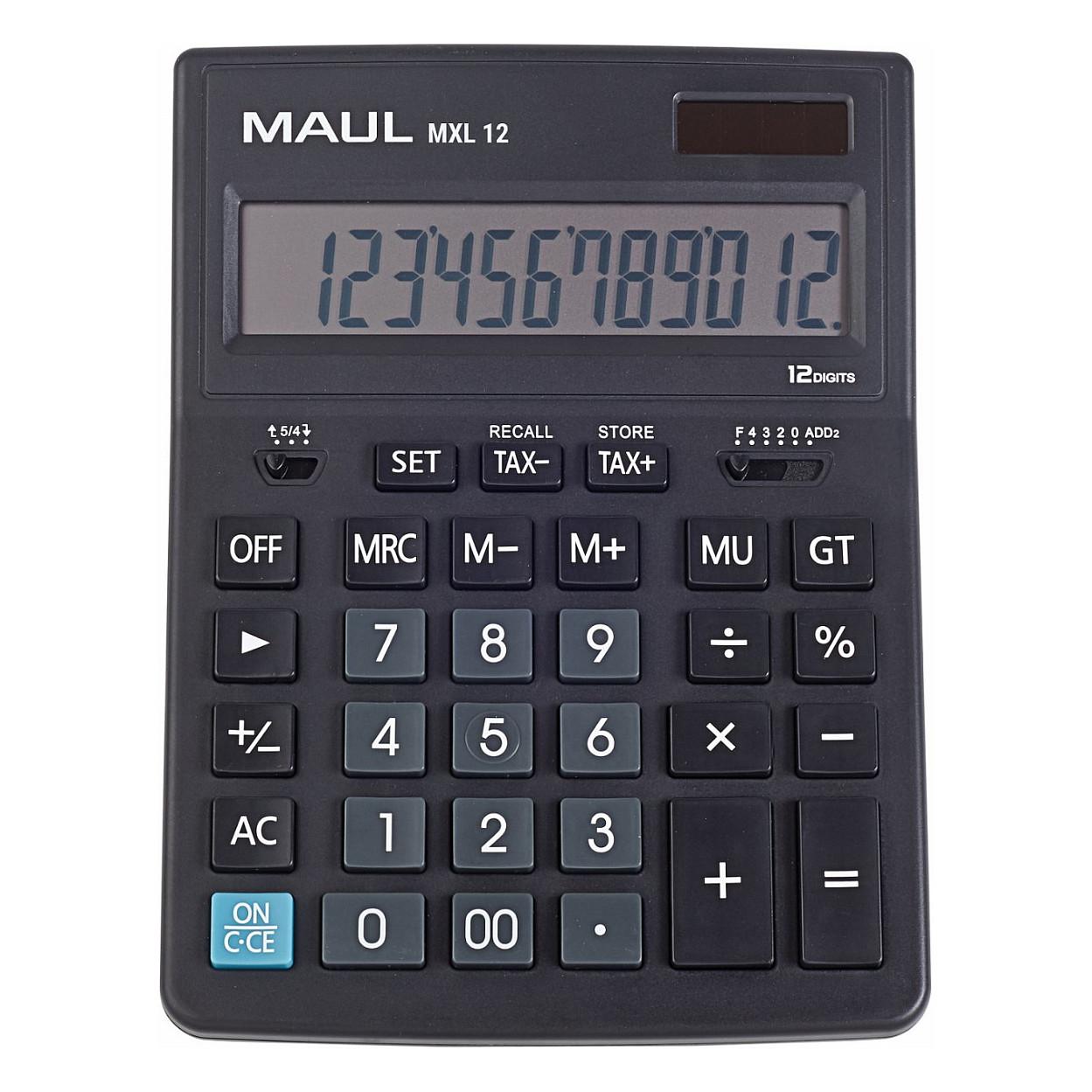 Kalkulator MAUL MXL 12, 12 Shifra, Ekran LCD, Energji Diellore dhe Bateri, Llogaritje e TVSH-së – Zezë