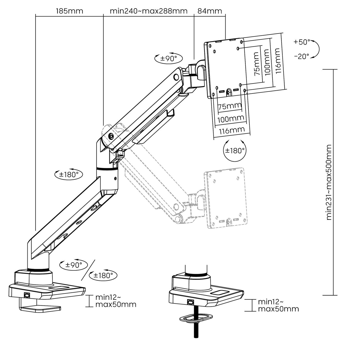 Mbajtëse për Monitor Equip 650180 / 1 Monitor / 17"-49" / 20kg / Gas Spring / Clamp-Grommet / Tilt -20° deri +50° / Swivel ±90° - Zezë - 6