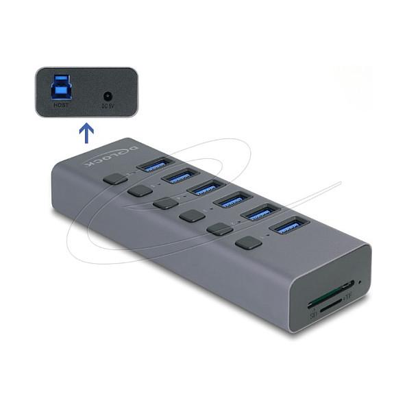 Hub DeLOCK 64237 , 6x USB-A , USB 5Gbps , Lexues SD dhe MicroSD , Ndërprerës Individual , USB-A dhe USB-C , 20W - Gri