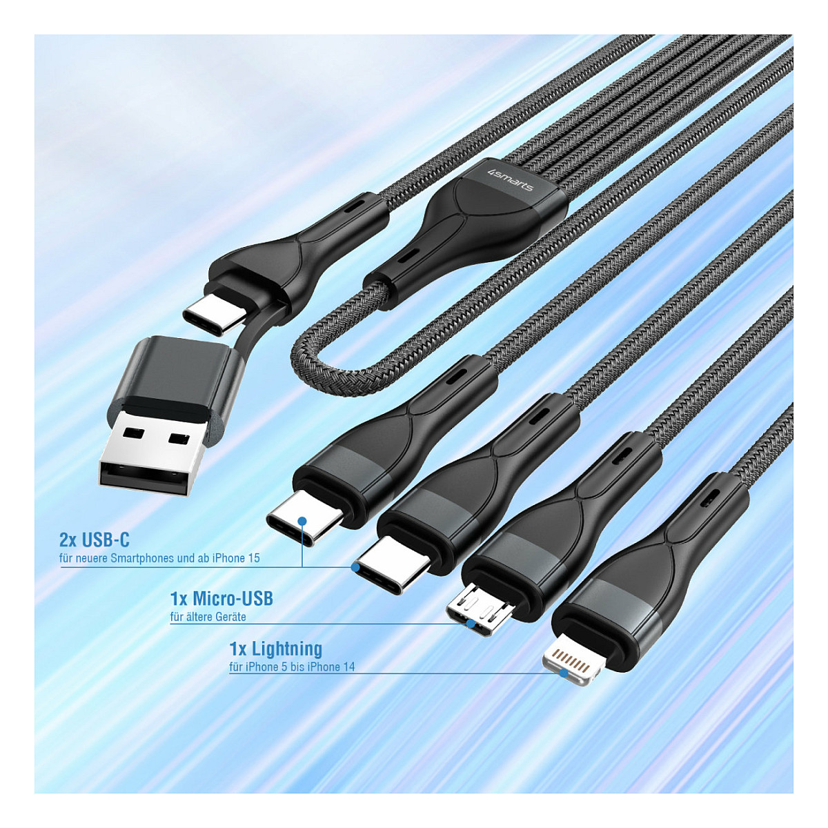 Kabllo USB 4smarts 541023 / USB-A/USB-C në USB-C/Micro-USB/Lightning / 1.2 m - Zezë - 4