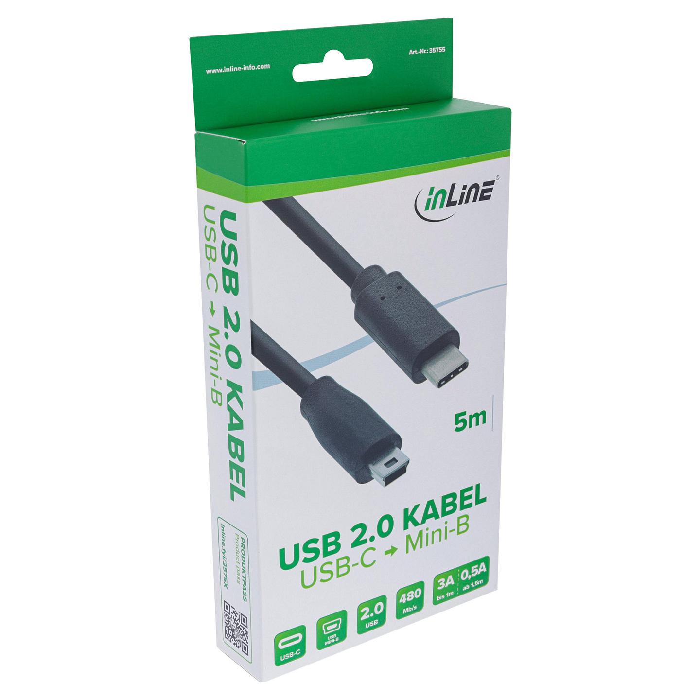 Kabllo USB InLine 35755, USB-C në USB Mini-B, 5 m, USB 2.0, 480 Mbps - Zezë - 2