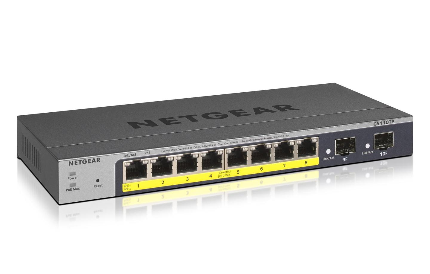 Switch Netgear GS110TP / GS110TP-300EUS / 8x Gigabit PoE+ / 2x SFP / 55W – Gri