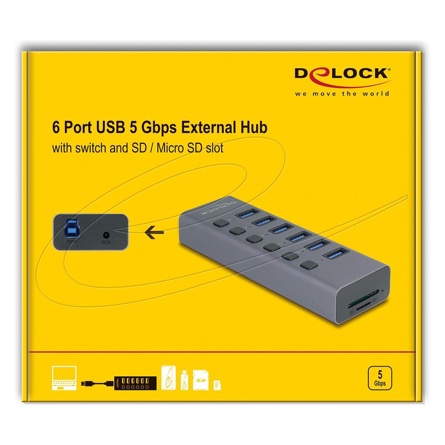 Hub DeLOCK 64237 , 6x USB-A , USB 5Gbps , Lexues SD dhe MicroSD , Ndërprerës Individual , USB-A dhe USB-C , 20W - Gri - 5