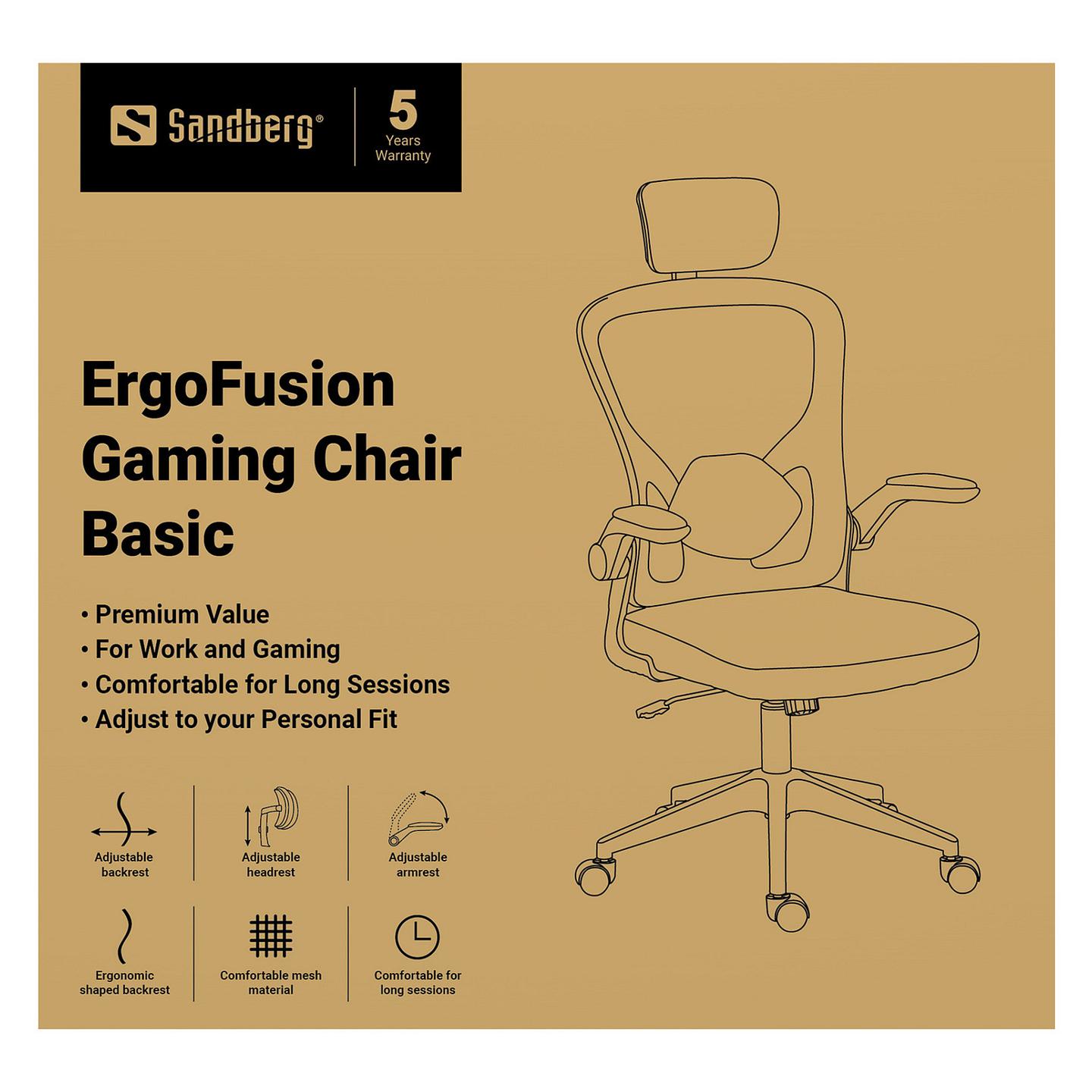 Karrige Gaming Sandberg ErgoFusion Gaming Chair Basic / Mbështetëse ergonomike / Mbështetëse koke e rregullueshme / Mbështetëse krahu të palosshme / 100 kg – Zezë - 11