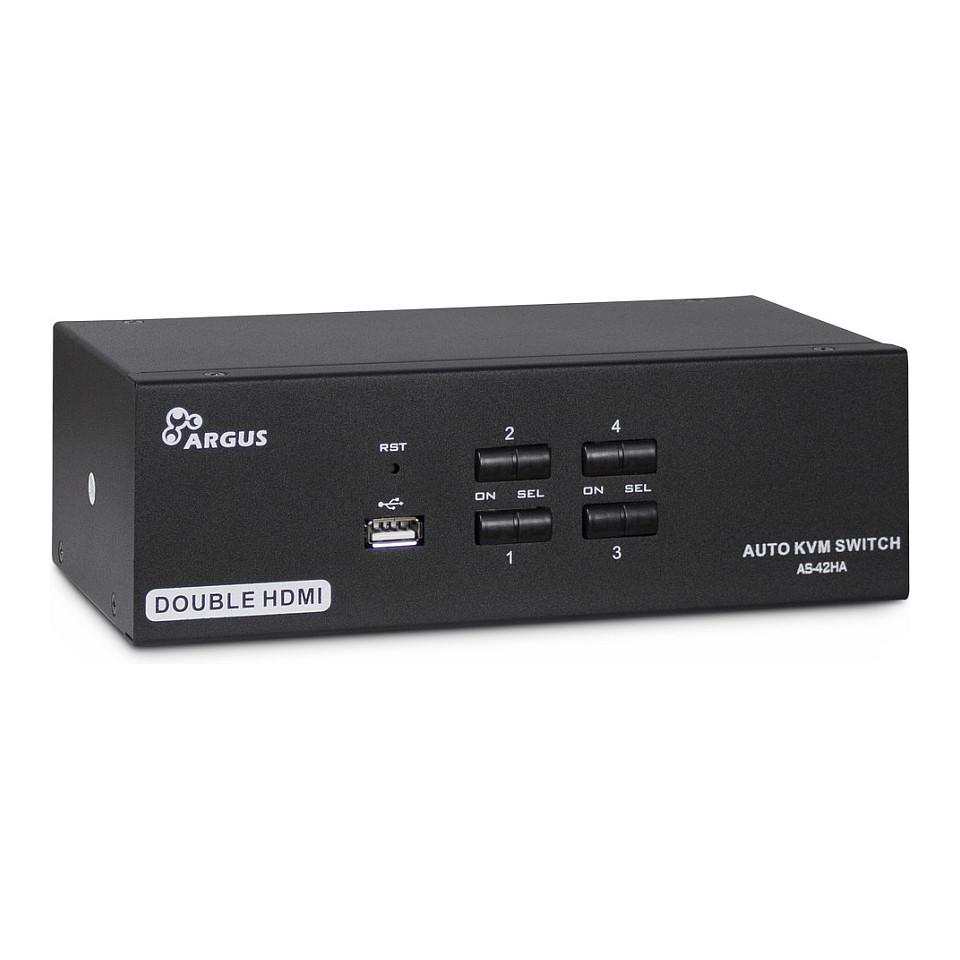 KVM Switch Inter-Tech AS-42HA, 4 kompjuterë, Dual HDMI, USB, Audio 3.5mm, 4K 30Hz - Zezë