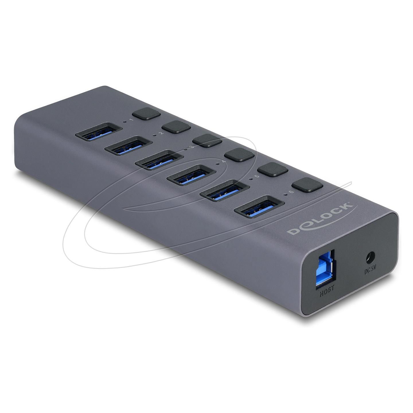 Hub DeLOCK 64237 , 6x USB-A , USB 5Gbps , Lexues SD dhe MicroSD , Ndërprerës Individual , USB-A dhe USB-C , 20W - Gri - 2