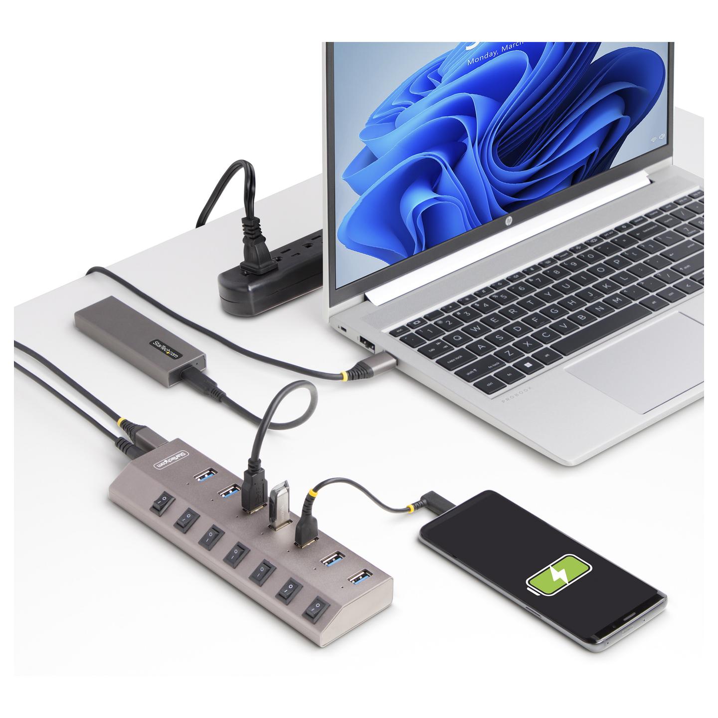 Hub USB StarTech.com 5G7AIBS-USB-HUB-EU, 7× USB-A, USB 3.2 Gen 1, 5 Gbps, Ndërprerës Individualë, Adapter 65 W – Gri - 15