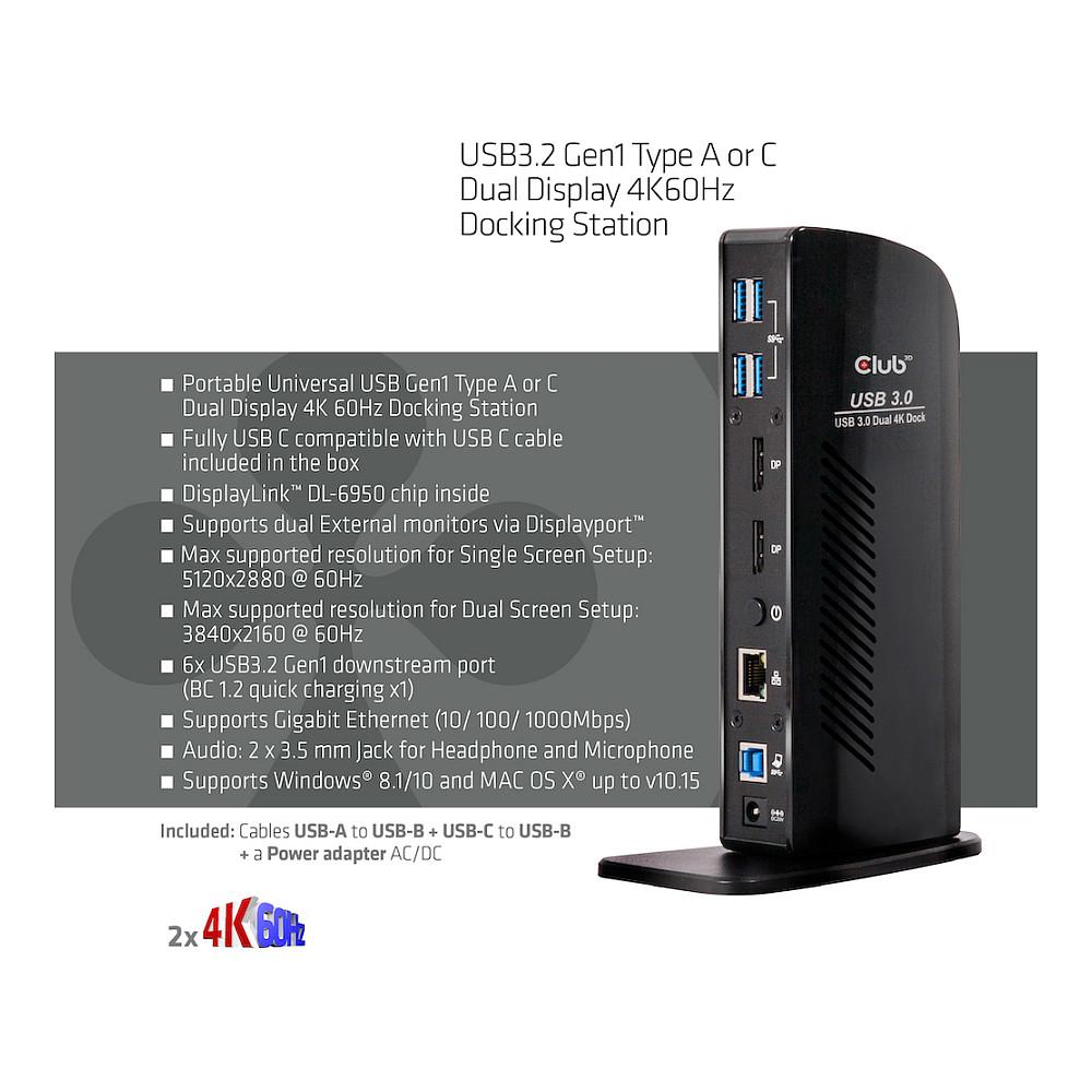 Docking Station Club 3D CSV-1460 / USB 3.2 Gen 1 / 2x DisplayPort / 6x USB-A / Gigabit Ethernet / Audio - Zezë - 3
