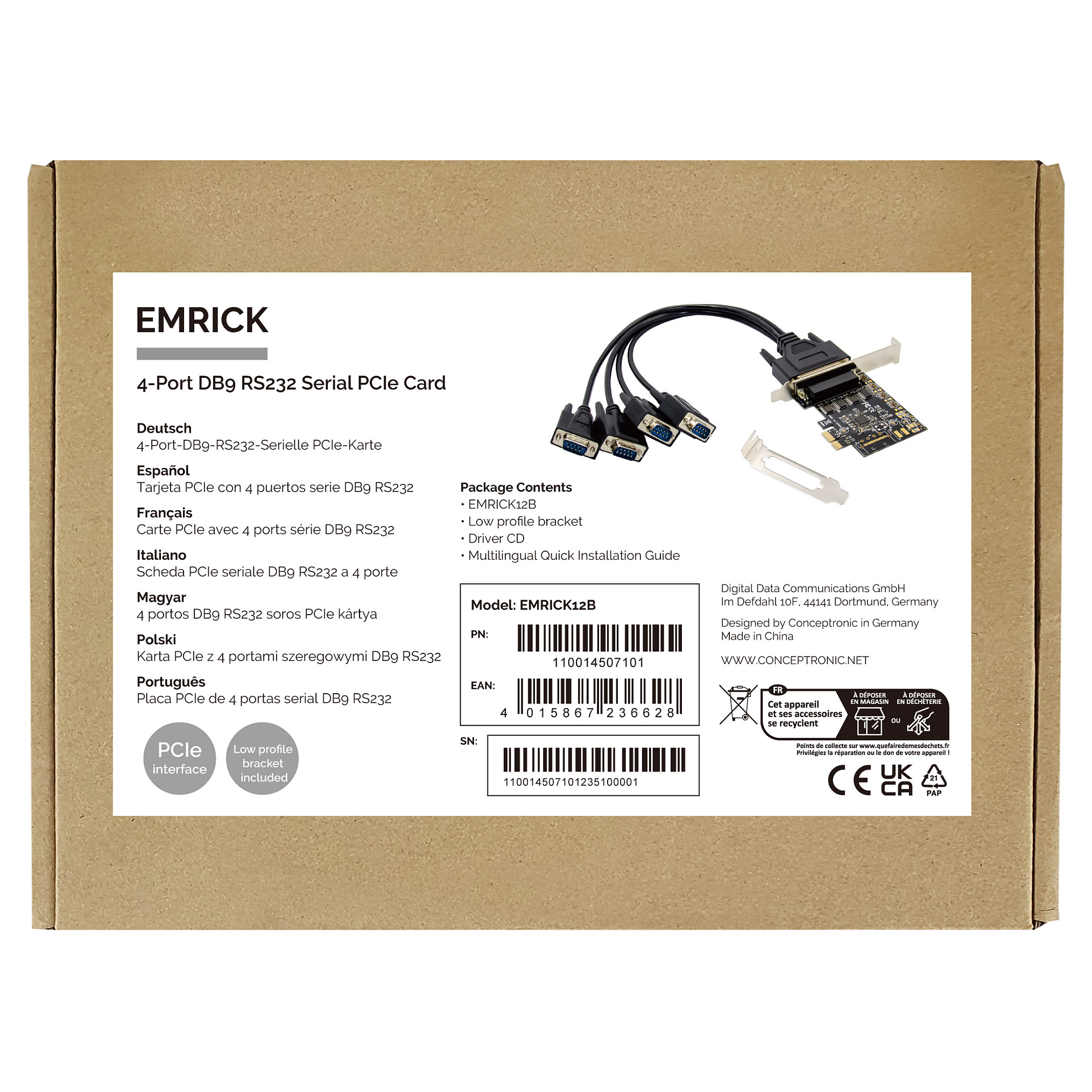 Kartelë Zgjerimi Conceptronic EMRICK12B / PCIe te 4x RS-232 Serial / PCIe 2.0 / Me Kabllo Breakout DB9 - Zezë - 3