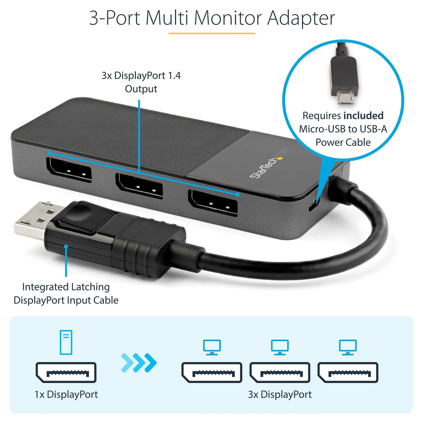 Kabllo DisplayPort StarTech.com MST14DP123DP / DisplayPort 1.4 / 1 në 3 DisplayPort / MST / 8K 30Hz - Zezë - 9