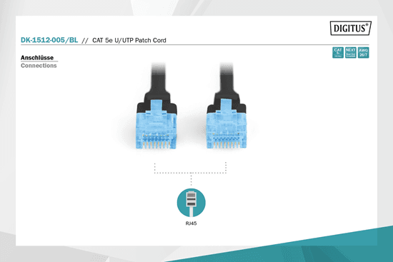 Kabllo për Rrjet Digitus DK-1512-005/B / Cat 5e / U/UTP / RJ-45 / 1000 Mbit/s / 0.5m - Zezë - 2