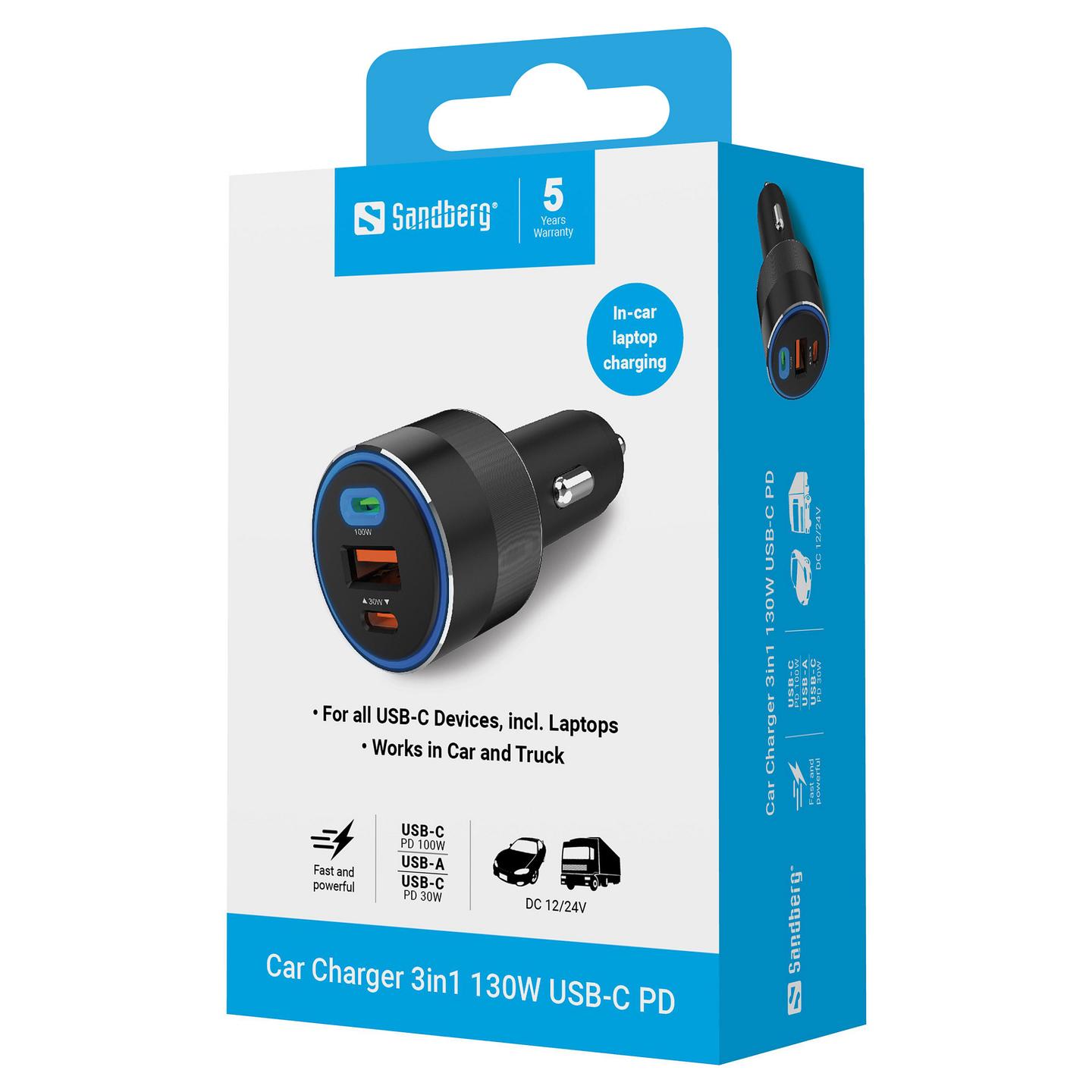 Adapter Telefoni për Veturë Sandberg 441-49 / 130W / 2x USB-C / USB-A / PD - Zezë - 6