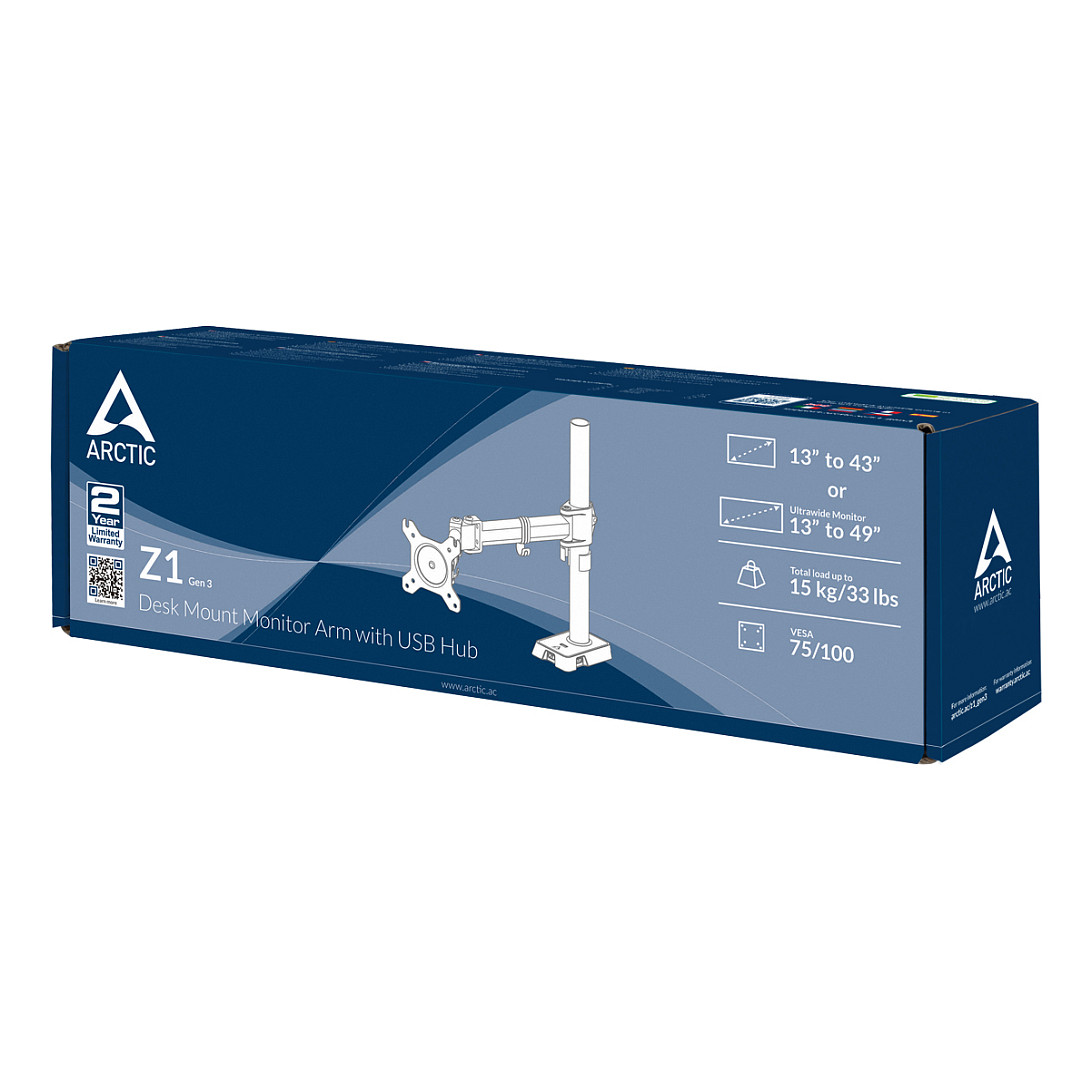 Mbajtëse për Monitor ARCTIC Z1 (Gen 3) / 1 Monitor / deri 34" / 15kg / VESA 75x75-100x100 / USB Hub / Tavolinë - Zezë - 12