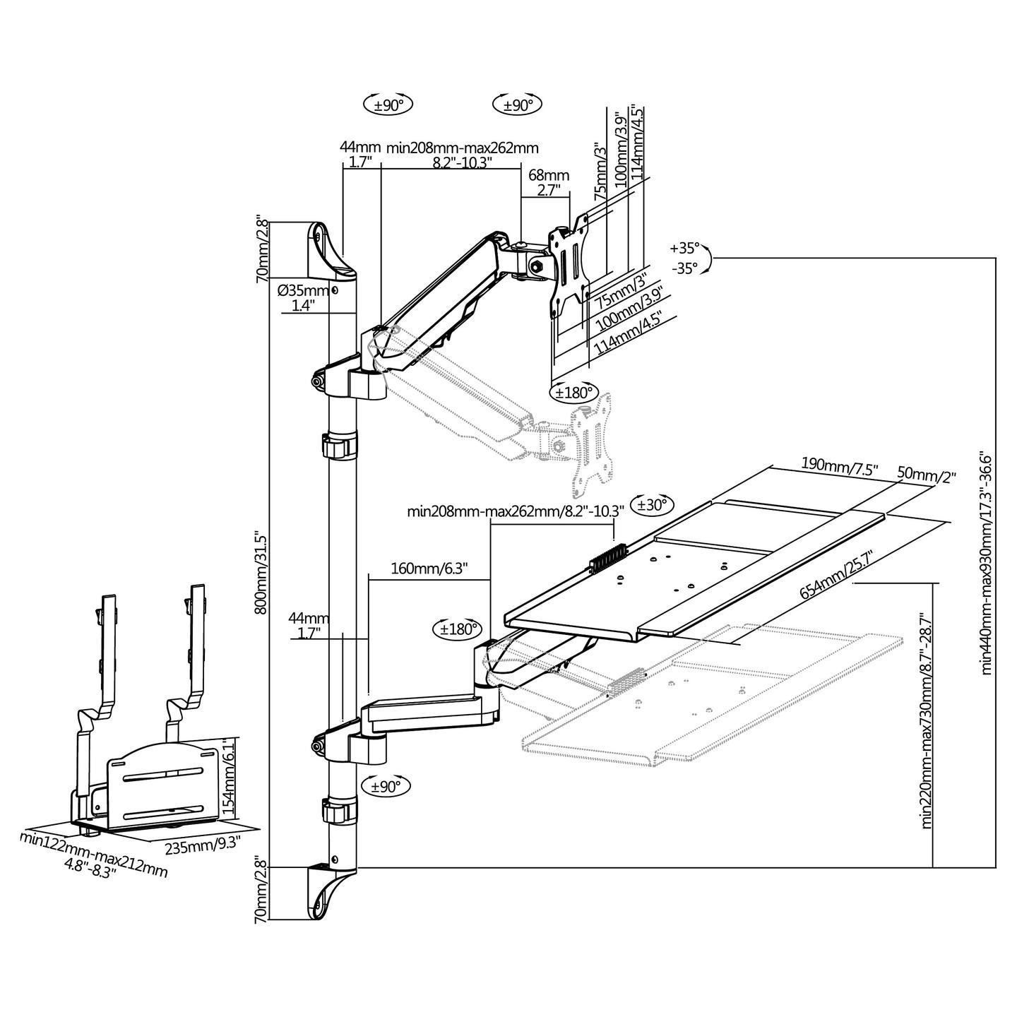 Mbajtëse për Monitor Equip 650170 / 1 Monitor / 17–32" / deri 8kg / VESA 75x75 & 100x100 / Gas Spring / Montim në Mur - Zezë - 10