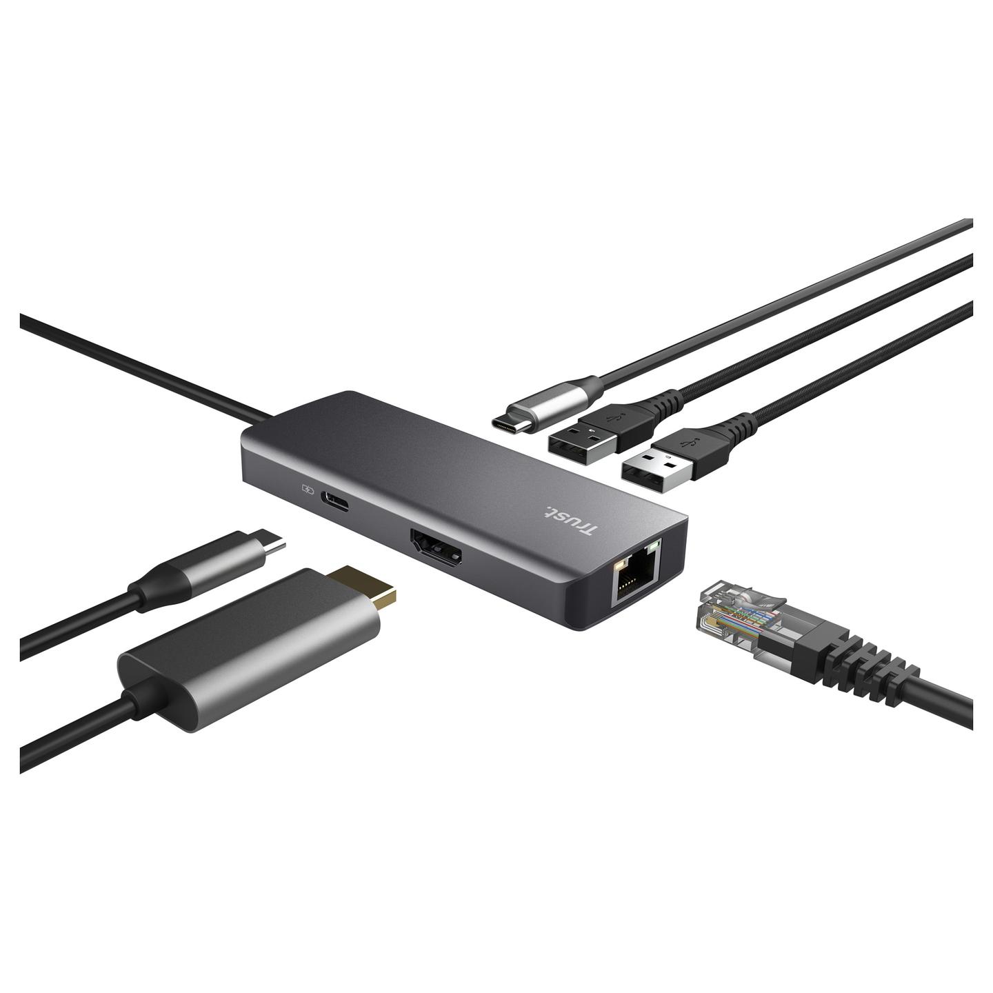 Hub USB-C Trust Dalyx 24968, 6-në-1, HDMI 4K, Gigabit Ethernet, 2x USB-C, 2x USB-A, Power Delivery 100 W - Argjendtë - 4