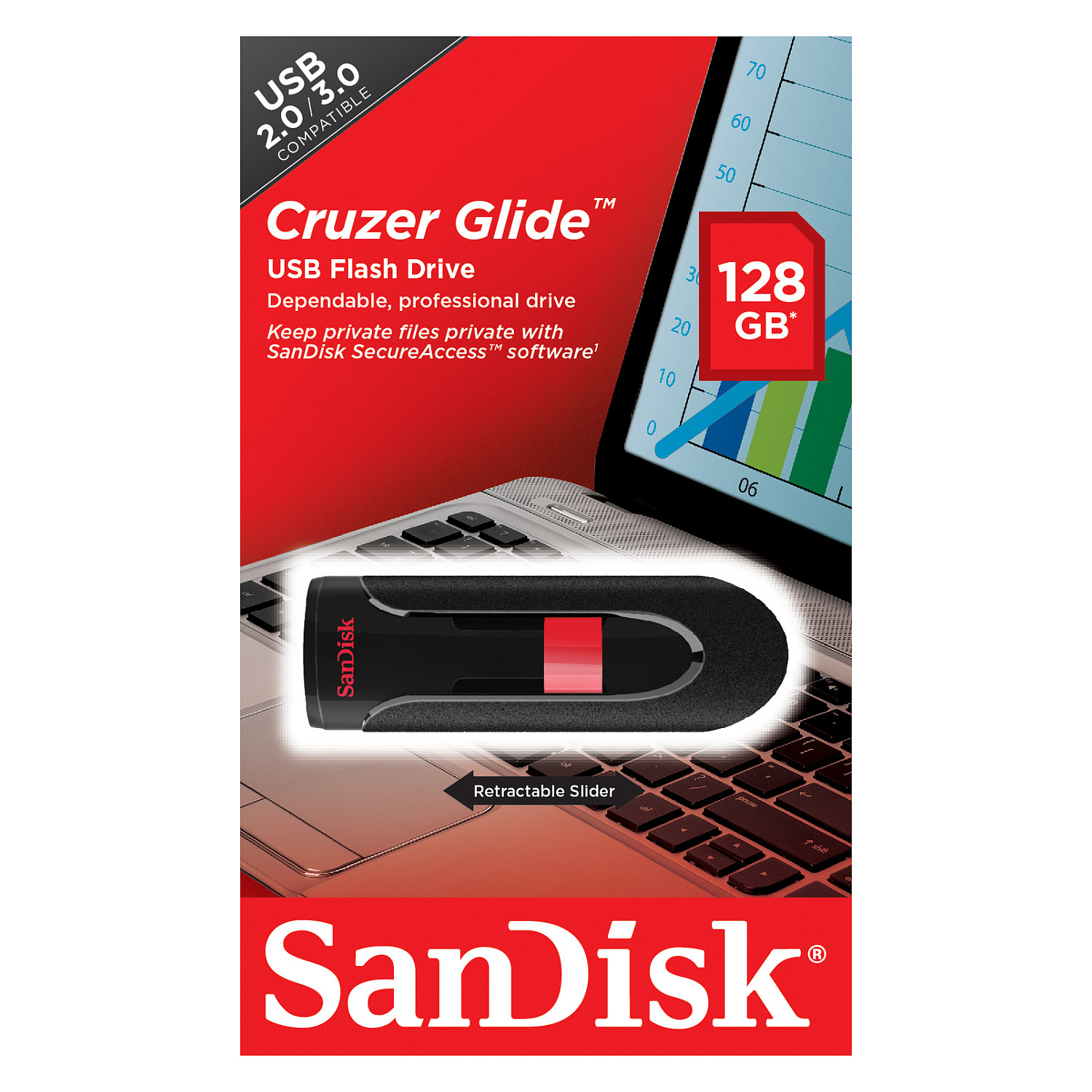USB Flash Drive SanDisk Cruzer Glide / SDCZ60-128G-B35 / 128GB / USB 2.0 / SecureAccess - Zezë/Kuqe - 8