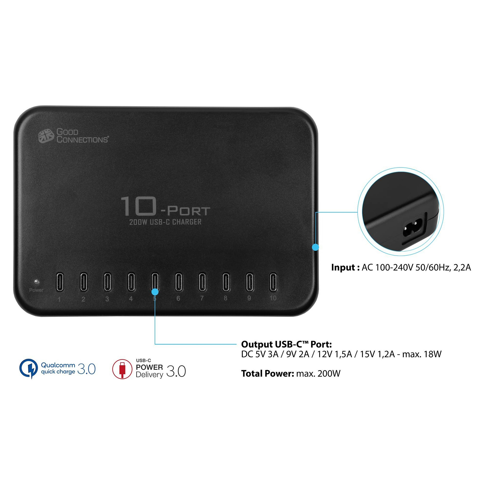 Stacion Karikimi USB-C Good Connections / 200W / 10x USB-C / PD 3.0 / Quick Charge 3.0 – Zezë - 7