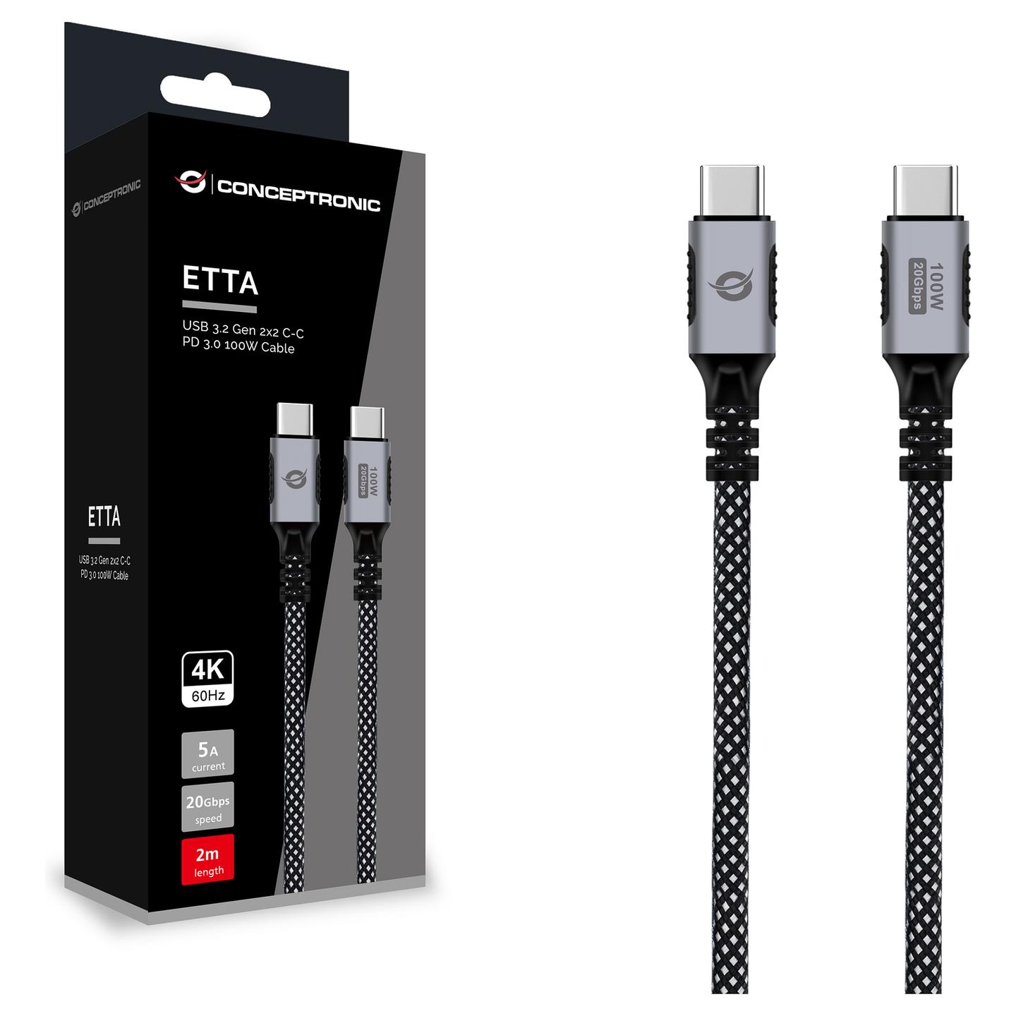 Kabllo USB Conceptronic ETTA07B20 / USB-C në USB-C / USB 3.2 Gen 2x2 / 20 Gbit/s / PD 3.0 100W / 4K/60Hz / E-Mark / 2m - Zezë - 3