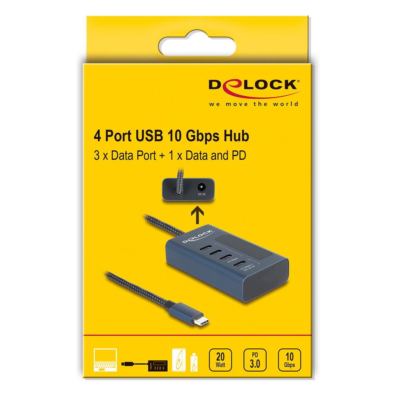 Hub USB DeLOCK 64189 / USB 10 Gbit/s / 4x USB-C / Power Delivery 20W / 0.6 m - Blu e errët - 4