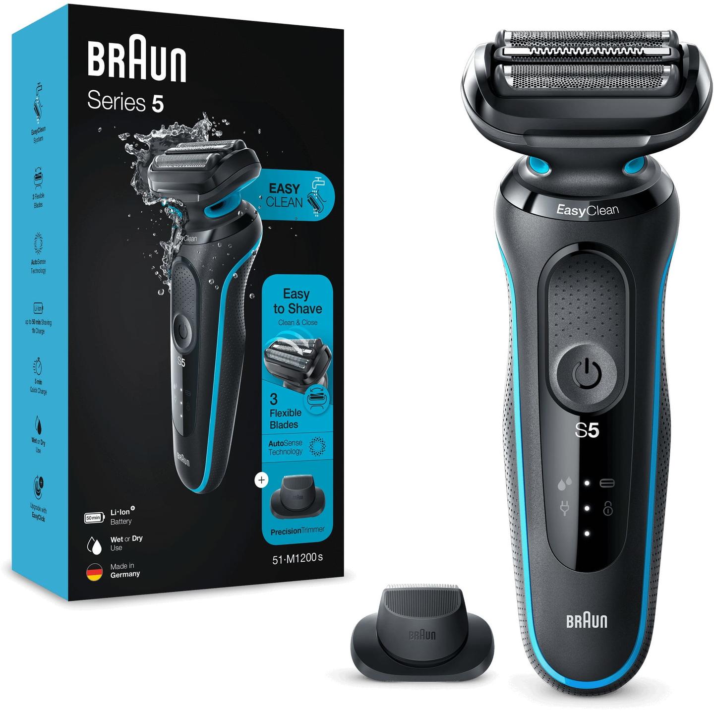 Makinë e rrojës Braun Series 5 51-M1200s, 3 elemente rroje, AutoSense, Wet & Dry, 50 minuta - Zezë/Blu - 3