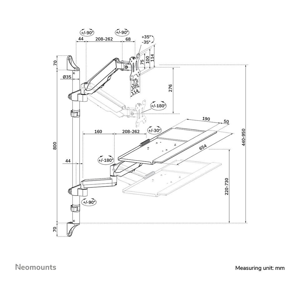 Workstation Muri për Monitor Neomounts WL90-325BL1 / 1 Monitor / 17"-32" / 9kg / Gas Spring / Rregullim Lartësie 44-95cm / Tilt ±35° / Swivel ±90° / Rotacion ±180° - Zezë - 16